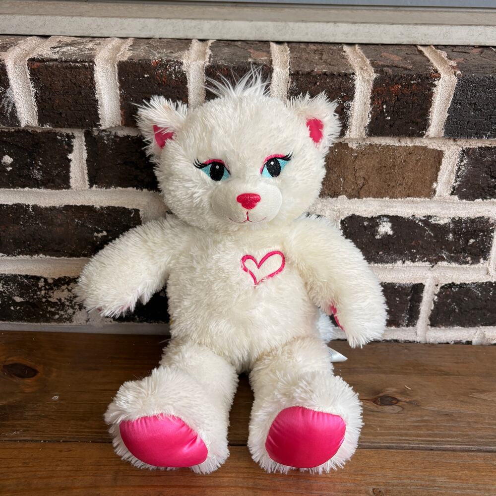 Build A Bear Sassy Kitty White Cat Plush Pink Heart Paws Retired 18" BABW